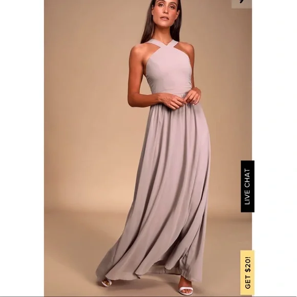 Lulus | Air of Romance Taupe Maxi Dress | Size Large | Beige | 100% Polyester
